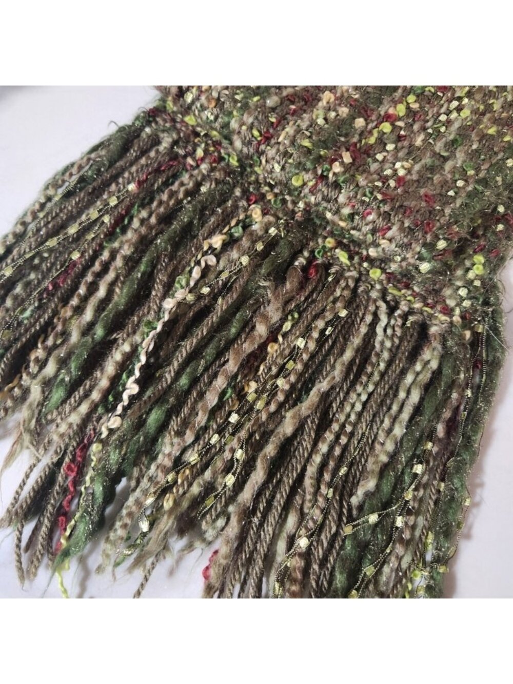 Handmade Chunky Knit Scarf Olive Green Burgundy Gold Metallic Fringe Boho Rustic - Picture 2 of 3